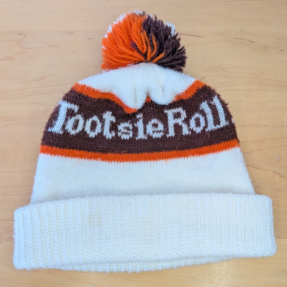 Vintage Tootsie Roll Knit Winter Hat Beanie Pom-pom Toque Cap Retro Ski OSFM
